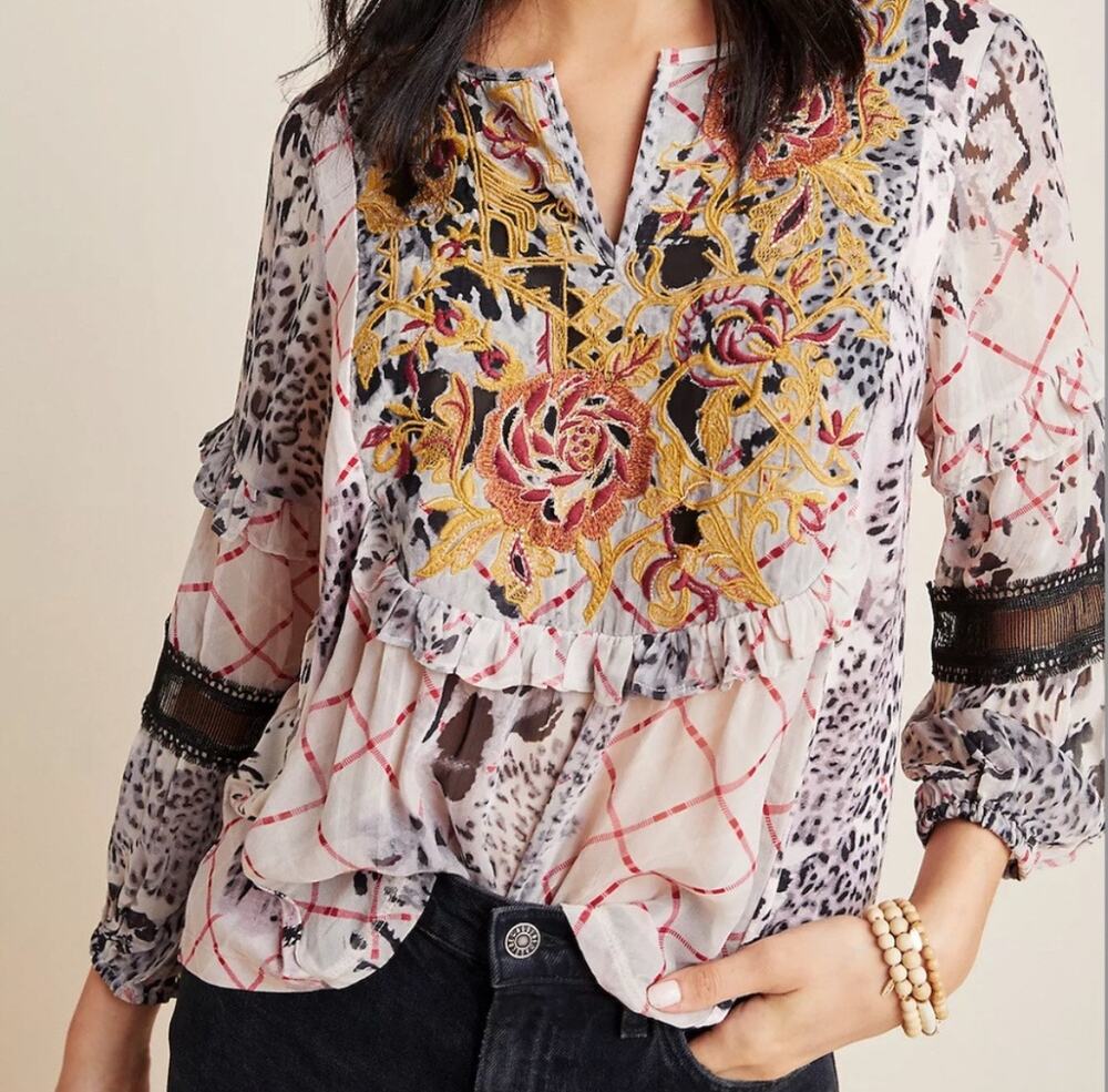 Anthropologie Women's Sheer Embroidered Festival Mathilda Blouse Sz XS Boho